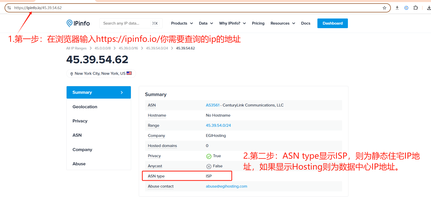 Existing IPinfo inspection screenshot showing ASN and ISP fields