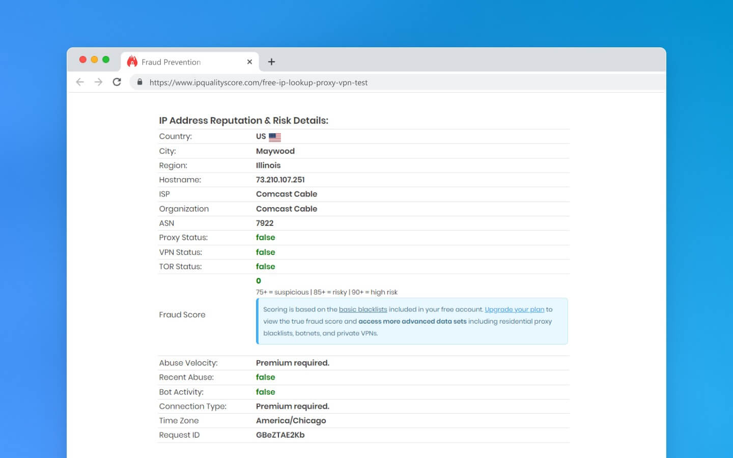 Existing IPQualityScore inspection screenshot showing risk fields